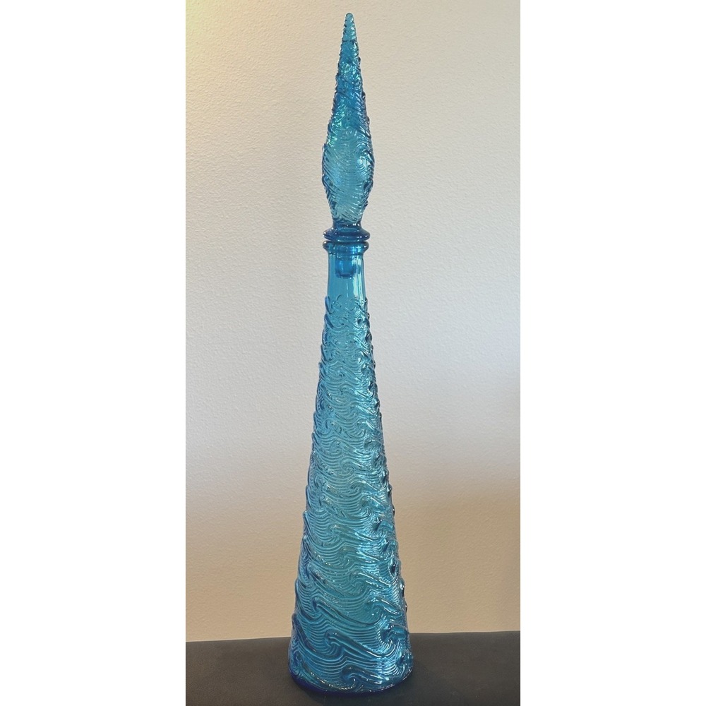 Vintage Empoli Decanter Bottle w Stopper 22" T Ocean Waves Aqua Blue Italy Genie